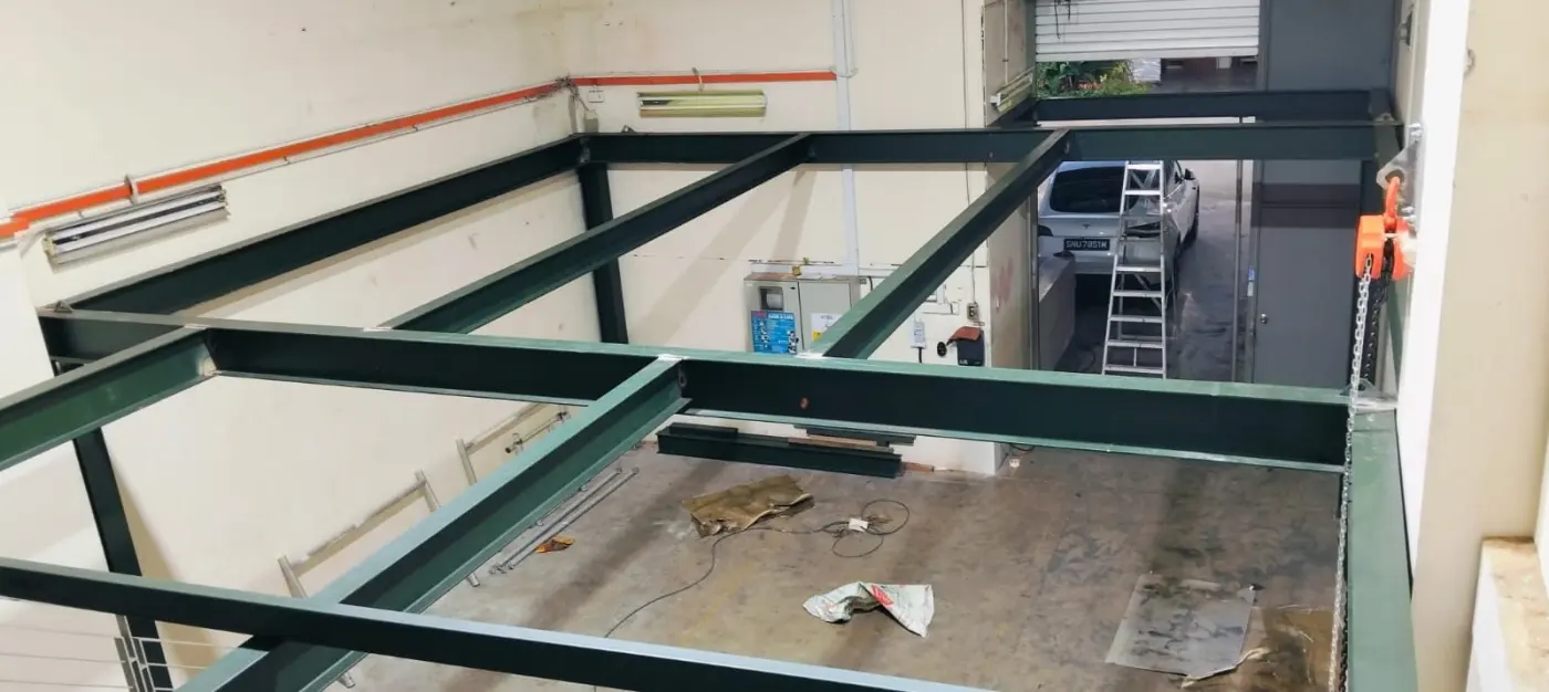 Top view of the mezzanine steel frame at Frontier Industrial Building showing the perimeter beams and intermediate joist layout