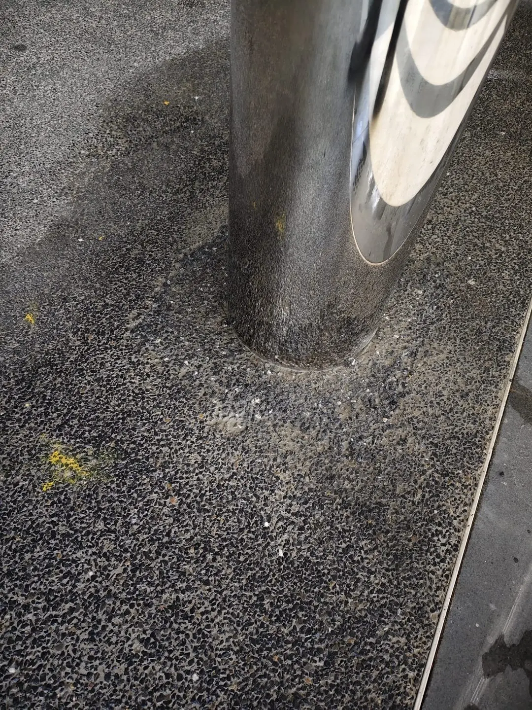 Completed line of stainless steel bollards at Rainbow Centre defining the pedestrian/vehicle boundary at the facility entrance