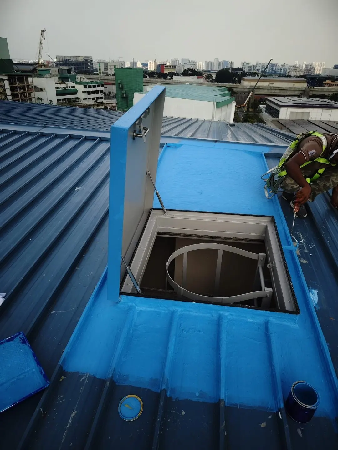 Close-up of the Wan Lee open roof access hatch showing the panel hinge, frame and ladder top below